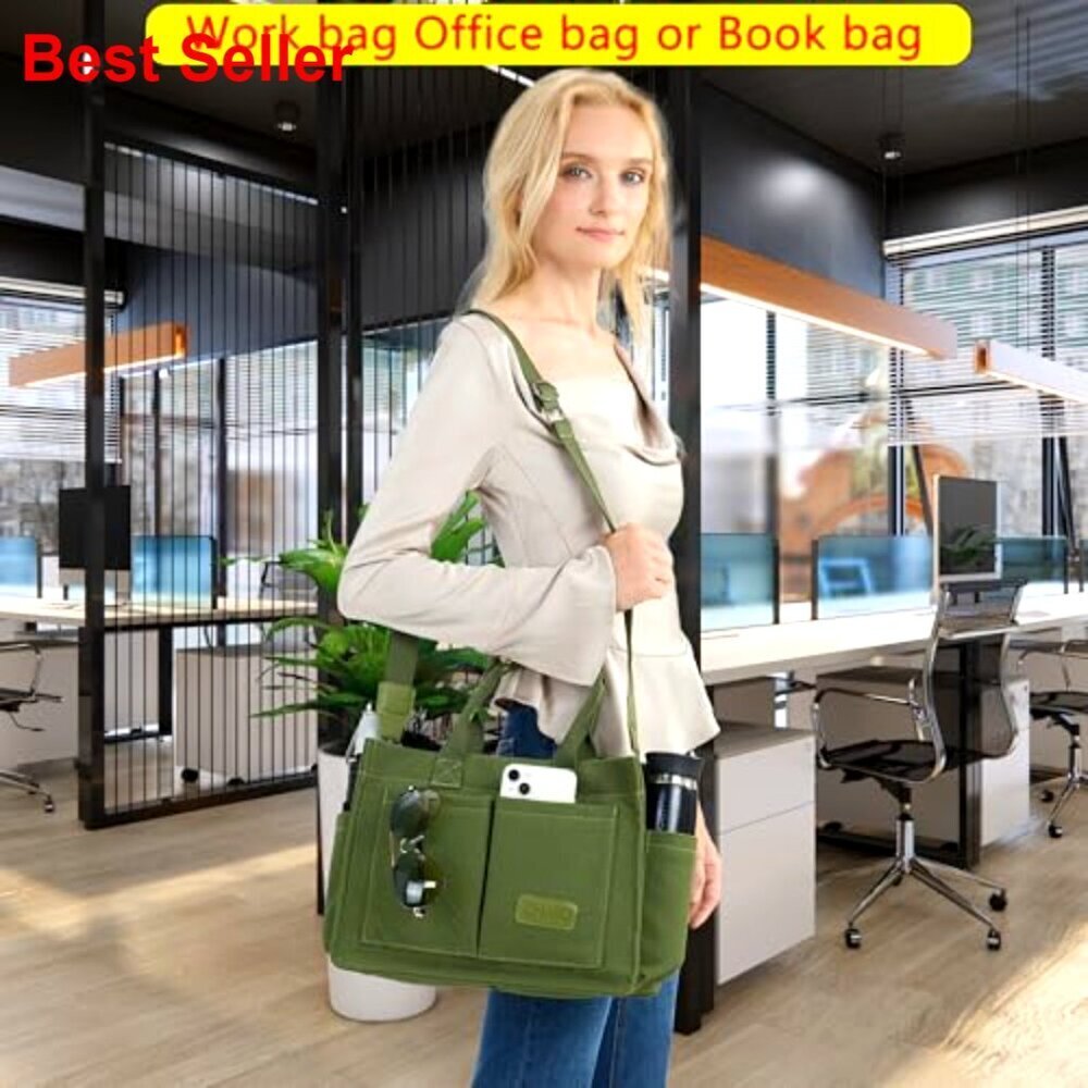 Large Canvas Tote Bag with Laptop Compartment for Work Travel - Picture 2 of 7